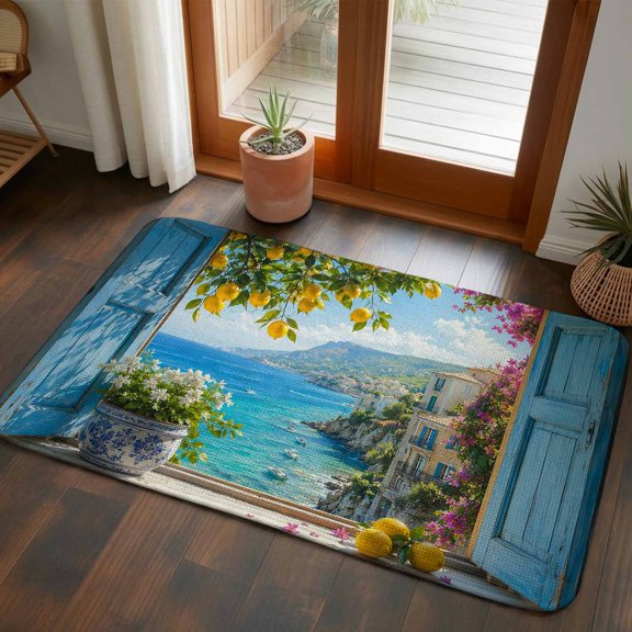 Doormat Coastal Scenery Lemon Front Door Mat Entrance Soft Non Slip Absorbent Doormats Blue Wooden Frame Window View Floor Mat Rugs for Entryway Porch Bathroom Bedroom Kitchen Indoor Outdoor 20"x32"