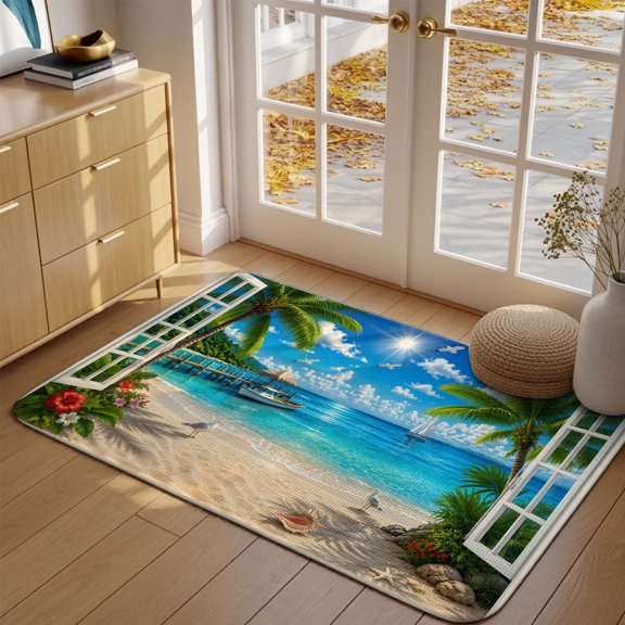 Doormat Coastal Window View Front Door Mat Entrance Soft Non Slip Absorbent Doormats Summer Beach Palm Tree Welcome Floor Mat Rugs for Entryway Porch Bathroom Bedroom Kitchen Indoor Outdoor 16"x24"