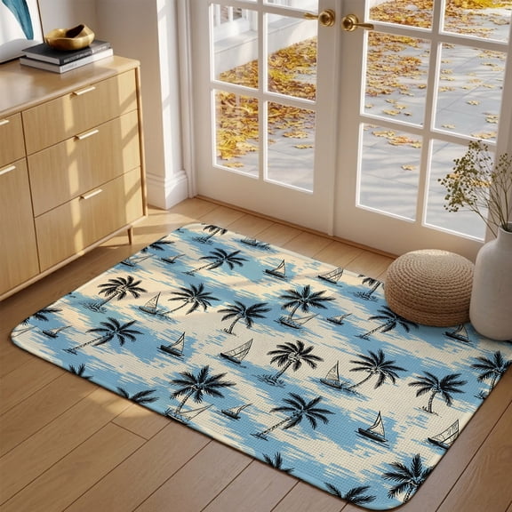 Doormat Coconut Palm Trees Front Door Mat Entrance Soft Non Slip Absorbent Doormats Sailing Surfing Vacation Welcome Floor Mat Rugs for Entryway Porch Bathroom Bedroom Kitchen Indoor Outdoor 16"x24"