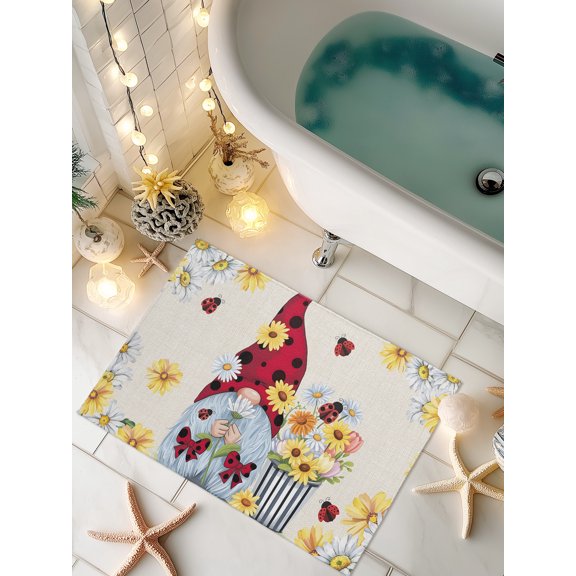 Doormat Daisy Gnome Front Door Mat Non Slip Absorbent Low Profile Floor Mat Flower Spring Floral Beige Welcome Mats Entryway Rug for Entrance Kitchen Porch Indoor Outdoor Home Decor 16"x24"