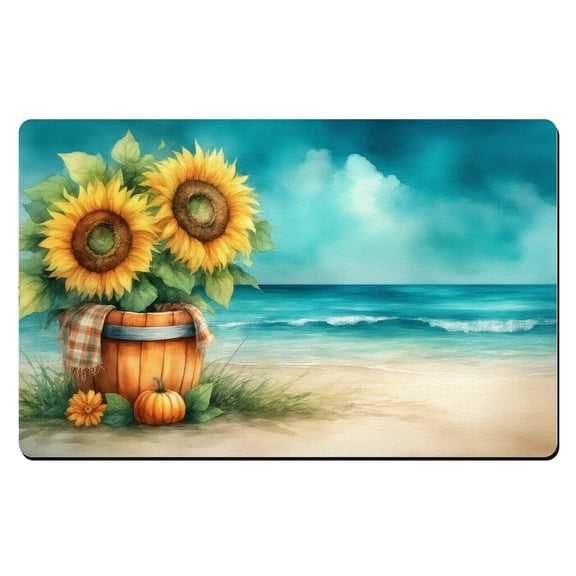 Doormat Fall A painting of sunflowers and pumpkins on the beach. Thin Indoor Mats For Entryway Standard Size Farmhouse Welcome Mat