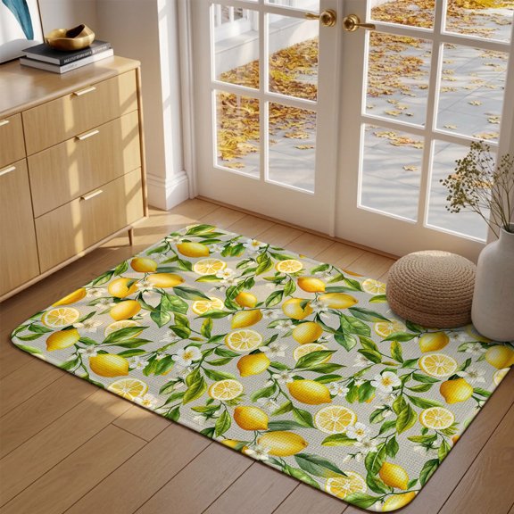 Doormat Floral Lemon Front Door Mat Entrance Soft Non Slip Absorbent Doormats Summer Fruit Green Leaves Grey Welcome Floor Mat Rugs for Entryway Porch Bathroom Bedroom Kitchen Indoor Outdoor 16"x24"