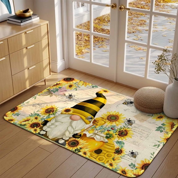 Doormat Gnome Honey Bee Front Door Mat Entrance Soft Non Slip Absorbent Doormats Sunflower Vintage Welcome Floor Mat Rugs for Entryway Porch Bathroom Bedroom Kitchen Indoor Outdoor 16"x24"