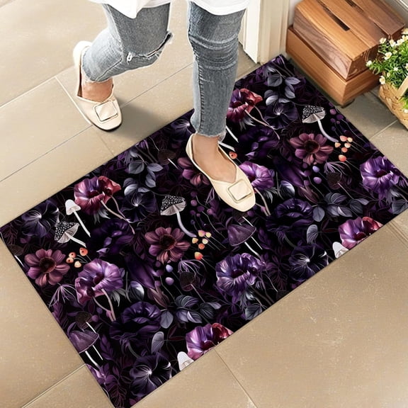 Doormat - Gothic Botanical Indoor Door Mat - Stylish 1830in Non - Woven Fabric, with Mushroom and Goth Purple Floral Design, for Porch, Bedroom, etc., A Decor Rug Gift