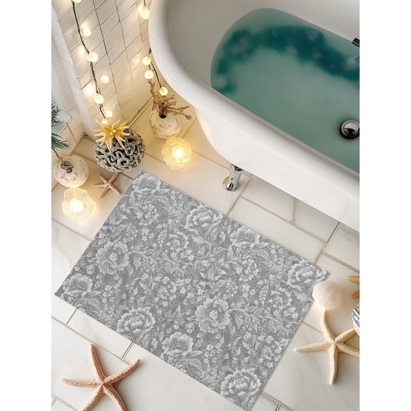 Doormat Gray Damask Floral Front Door Mat Non Slip Absorbent Low Profile Floor Mat Spring Summer Petal Leaves Welcome Mats Entryway Rug for Entrance Kitchen Porch Indoor Outdoor Home Decor 16"x24"