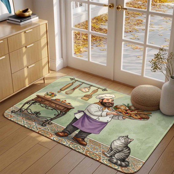 Doormat Green Baking Chef Front Door Mat Entrance Soft Non Slip Absorbent Doormats Funny Kitchen Cat Gourmet Bread Floor Mat Rugs for Entryway Porch Bathroom Bedroom Kitchen Indoor Outdoor 16"x24"