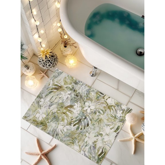 Doormat Green Palm Leaves Front Door Mat Non Slip Absorbent Low Profile Floor Mat Spring Flower Welcome Mats Entryway Rug for Entrance Kitchen Porch Indoor Outdoor Home Decor 16"x24"