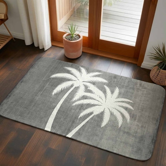 Doormat Grey Tropical Palm Trees Front Door Mat Entrance Soft Non Slip Absorbent Doormats Linen Grain Welcome Floor Mat Rugs for Entryway Porch Bathroom Bedroom Kitchen Indoor Outdoor 20"x32"