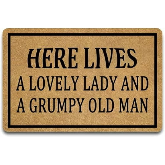 Doormat Here Lives Lovely Lady and A Grumpy Old Man Indoor Outdoor with Backing Funny Rug Non Slip Doormat Entry Front Floor Mat Gift 16x24 Inch.