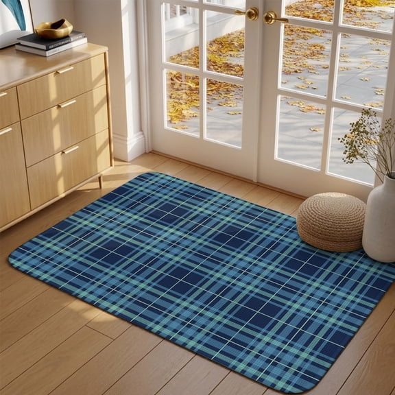 Doormat Indigo Buffalo Checked Plaid Front Door Mat Entrance Soft Non Slip Absorbent Doormats Gingham Lines Welcome Floor Mat Rugs for Entryway Porch Bathroom Bedroom Kitchen Indoor Outdoor 16"x24"