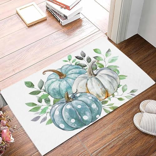 Doormat Indoor Entrance Home Decor Door Mat Aqua White Pumpkins Fall Floor Rugs for Kitchen Bathroom Watercolor Thanksgiving Funny Welcome Mat 16x24 Inch.