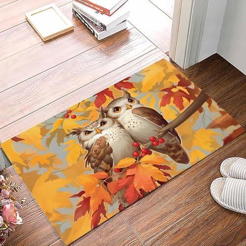 Doormat Indoor Entrance Home Decor Door Mat Fall Owl Floor Rugs for Kitchen Bathroom Orange Red Maple Leaf Autumn Thanksgiving Funny Welcome Mat 17x30 Inch.