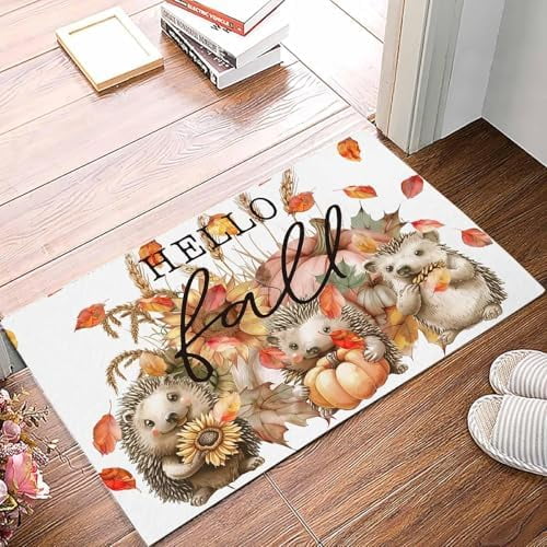 Doormat Indoor Entrance Home Decor Door Mat Hello Fall Floor Rugs for Kitchen Bathroom Hedgehog Pumpkins Maple Leaf Funny Welcome Mat 17x30 Inch.