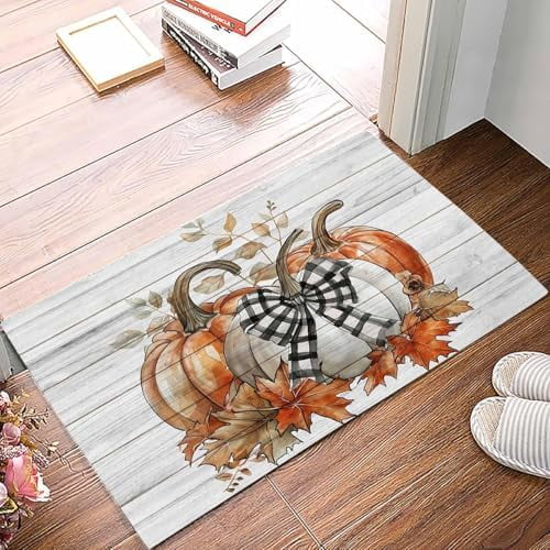 Doormat Indoor Entrance Home Decor Door Mat Orange Grey Pumpkins Fall Floor Rugs for Kitchen Bathroom Thanksgiving Vintage Funny Welcome Mat 17x30 Inch.