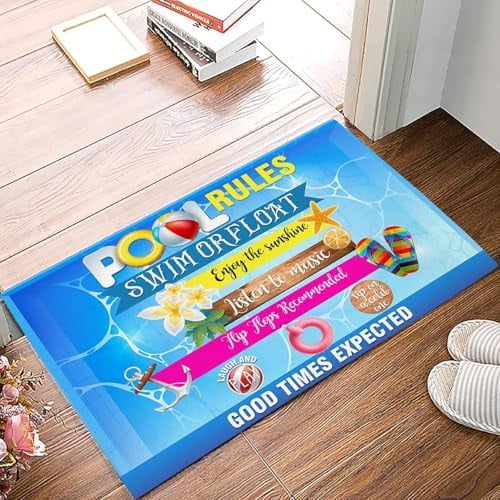 Doormat Indoor Entrance Home Decor Door Mat Pool Rules Floor Rugs for Kitchen Bathroom Blue Summer Beach Nautical Coastal Starfish Anchor Funny Welcome 17x30 Inch.
