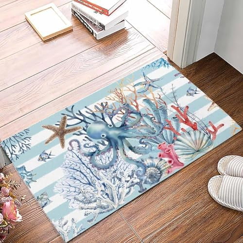 Doormat Indoor Entrance Home Decor Door Mat Sea Octopus Coastal Floor Rugs for Kitchen Bathroom Summer Beach Coral Nautical Blue Striped Funny Welcome Mat 16x24 Inch.