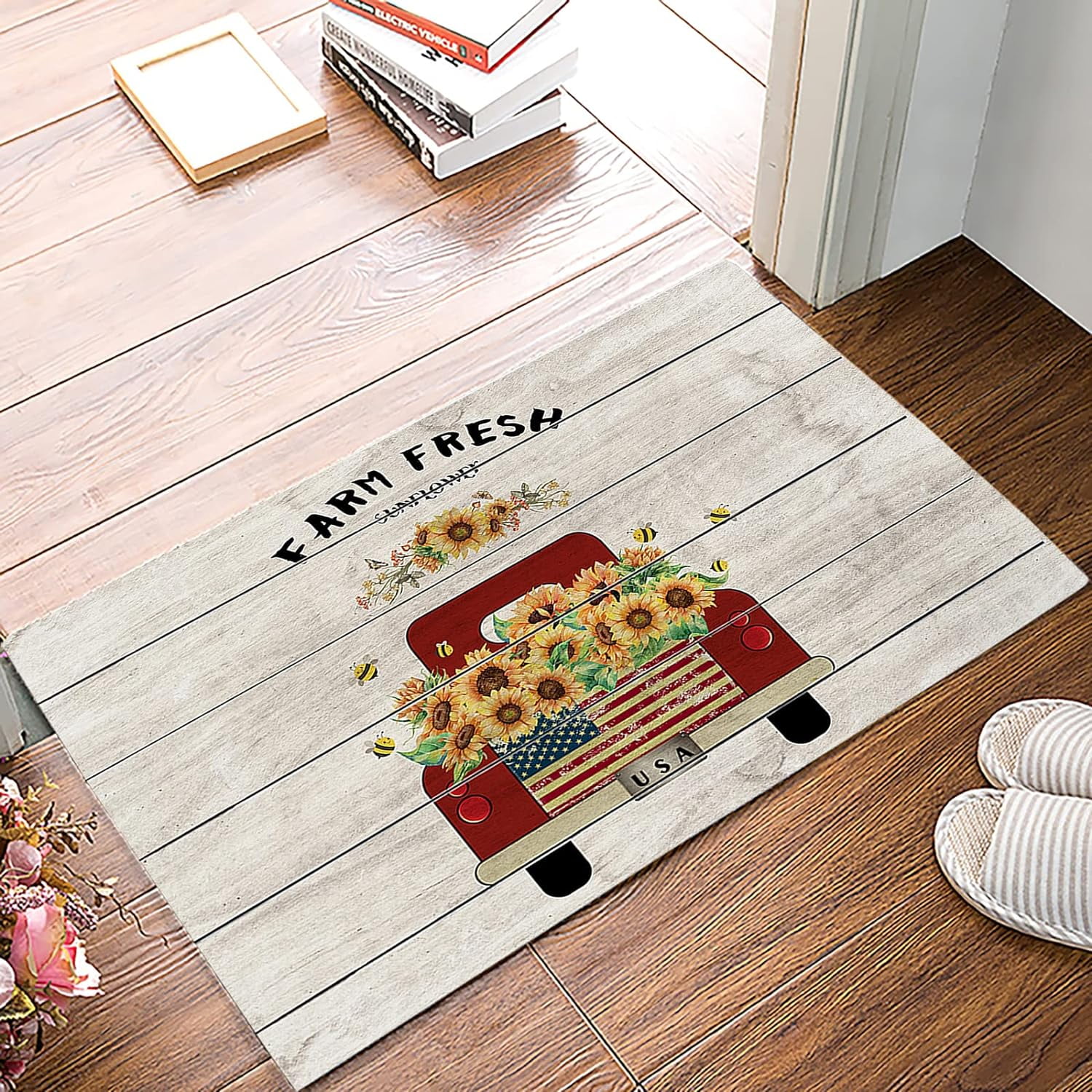 Doormat Indoor Entrance Welcome Doormat Red Truck Yellow Sunflower ...