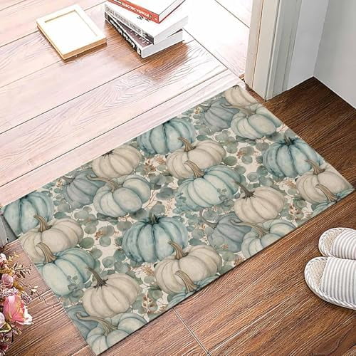 Doormat Indoor Home Decor Door Mat Aqua Pumpkins Fall Floor Rugs for Kitchen Bathroom Thanksgiving Eucalyptus Leaves Rustic Funny Welcome Mat 16x24 Inch.