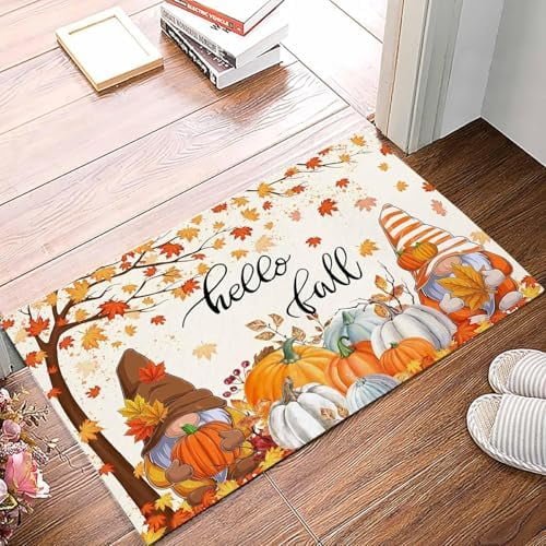 Doormat Indoor Home Decor Door Mat Hello Fall Gnomes Floor Rugs for Kitchen Bathroom Orange Pumpkins Thanksgiving Orange Funny Welcome Mat 17x30 Inch.