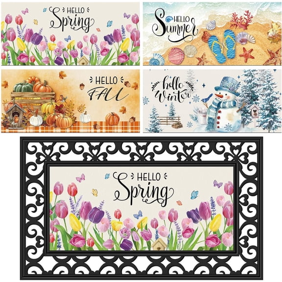 Doormat Inserts Seasonal Entrance Doormats Winter Spring Interchangeable Welcome Doormats Welcome Mat for Holiday Front Door Entrance Decor, 22 x 10 Inches(No Frame)(Seasons)