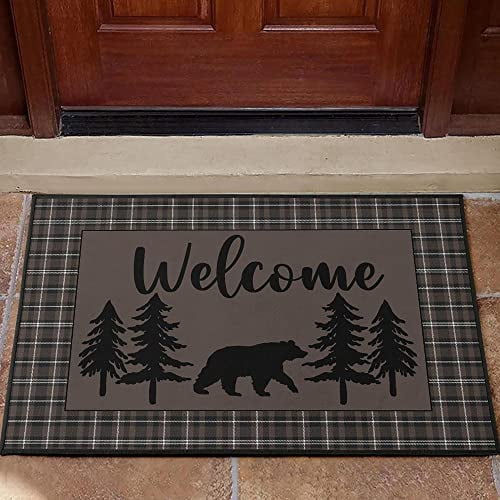 Doormat Inside Rustic Bear Theme Welcome Mat Pine Trees and Brown Plaid ...