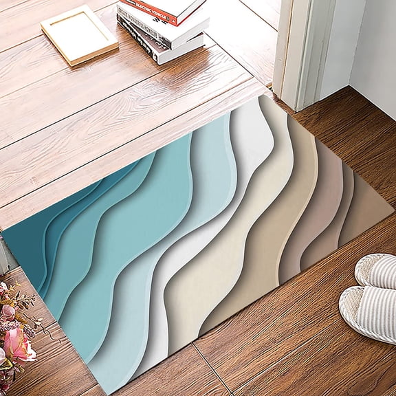 Doormat Kitchen Bathroom Rug Floor Door Mat Ombre Blue Green Ocean Seawaves Non Slid Indoor Entrance Mat Welcome Entry Way Accent Throw Runner Carpet Abstract Modern Beach Geometry Brown 5.7"x30"