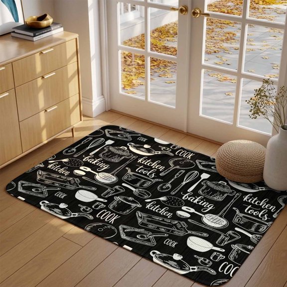 Doormat Kitchen Tools Front Door Mat Entrance Soft Non Slip Absorbent Doormats Utensils Pots Pans Spoon Fork Welcome Floor Mat Rugs for Entryway Porch Bathroom Bedroom Kitchen Indoor Outdoor 16"x24"
