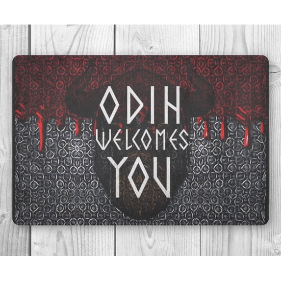 Doormat Non Slip Front Door Mat Odin Welcomes You Doormat, Viking Blood Printed Door Mat Home Decor, Die and go to Valhalla Front Porch Sign Man Cave Decoration 18x30 Inch
