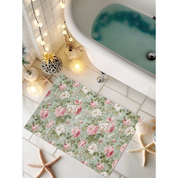 Doormat Pink Bloom Flowers Front Door Mat Non Slip Absorbent Low Profile Floor Mat Retro Spring Floral Welcome Mats Entryway Rug for Entrance Kitchen Porch Indoor Outdoor Home Decor 16"x24"