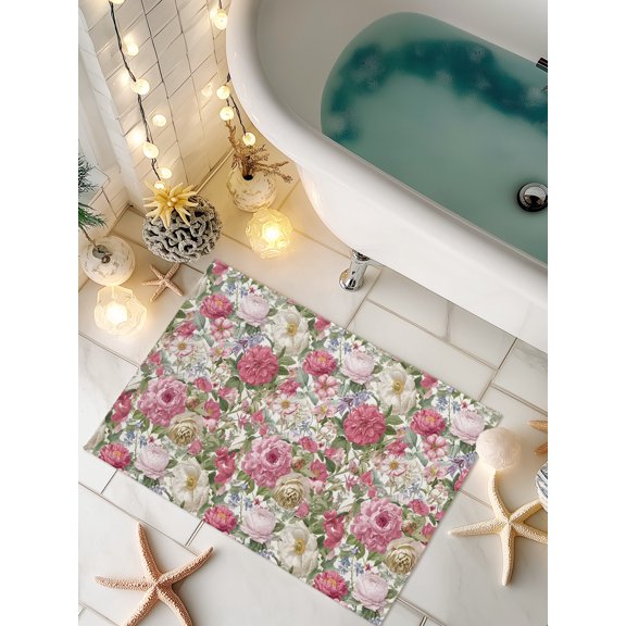 Doormat Pink Bloom Flowers Front Door Mat Non Slip Absorbent Low Profile Floor Mat Spring Floral Welcome Mats Entryway Rug for Entrance Kitchen Porch Indoor Outdoor Home Decor 16"x24"