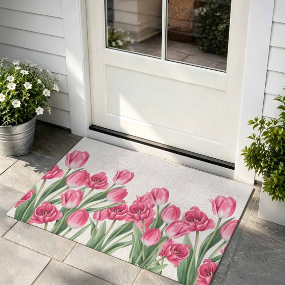 Doormat Pink Tulip Flower Front Door Mat Non Slip Absorbent Low Profile Floor Mat Spring Floral Linen Welcome Mats Entryway Rug for Entrance Kitchen Porch Indoor Outdoor Home Decor 24"x36"