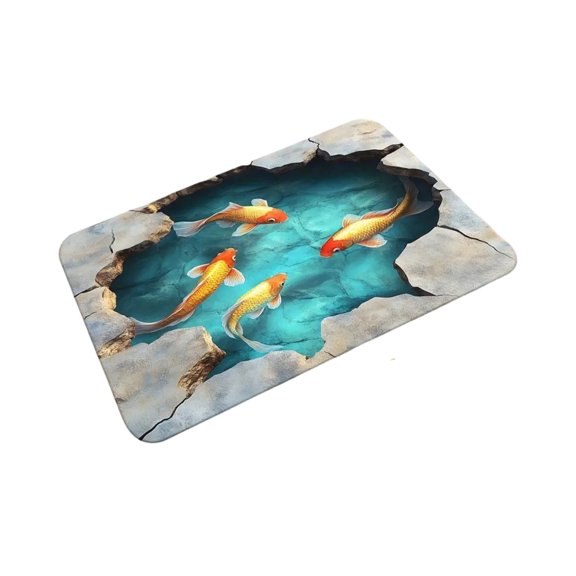 Doormat, Printed Entrance Mat, Machine-Washable Floor Mat with Plushy Surface - 3D Koi Fish Print, Soft Plush Touch, 16x24 Inch Size, for Entryway, Front Door, Bathroom, Bedroom, Kitchen