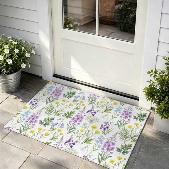 Doormat Purple Blossoms Front Door Mat Non Slip Absorbent Low Profile Floor Mat Spring Wildflower Green Leaves Welcome Mats Entryway Rug for Entrance Kitchen Porch Indoor Outdoor Home Decor 24"x36"