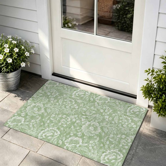 Doormat Sage Green Damask Floral Front Door Mat Non Slip Absorbent Low Profile Floor Mat Spring Summer Petal Leaves Welcome Mats Entryway Rug for Entrance Kitchen Porch Home Decor 24"x36"