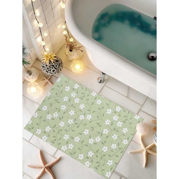 Doormat Sage Green Floral Front Door Mat Non Slip Absorbent Low Profile Floor Mat Spring White Flowers Blossoms Welcome Mats Entryway Rug for Entrance Kitchen Porch Indoor Outdoor Home Decor 16"x24"