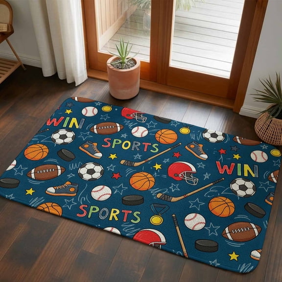 Doormat Sports Balls Front Door Mat Entrance Soft Non Slip Absorbent Doormats Basketball Football Baseball Rugby Ice Hockey Floor Mat Rugs for Entryway Porch Bathroom Bedroom Kitchen 20"x32"