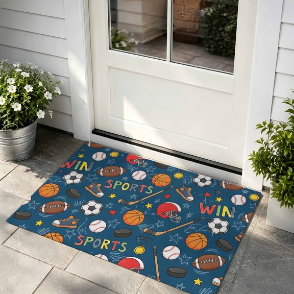 Doormat Sports Balls Front Door Mat Non Slip Absorbent Low Profile Floor Mat Basketball Football Baseball Rugby Ice Hockey Welcome Mats Entryway Rug for Entrance Kitchen Porch Home Decor 24"x36"