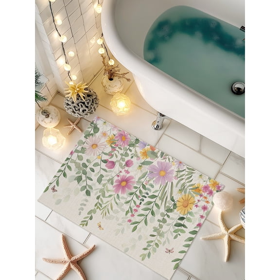 Doormat Spring Floral Front Door Mat Non Slip Absorbent Low Profile Floor Mat Daisy Eucalyptus Leaves Linen Welcome Mats Entryway Rug for Entrance Kitchen Porch Indoor Outdoor Home Decor 16"x24"