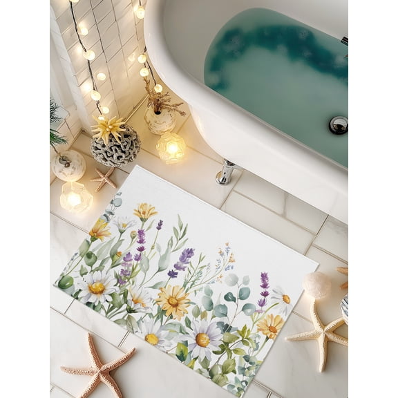 Doormat Spring Floral Front Door Mat Non Slip Absorbent Low Profile Floor Mat Green Leaves Daisy Flower Welcome Mats Entryway Rug for Entrance Kitchen Porch Indoor Outdoor Home Decor 16"x24"