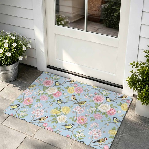 Doormat Spring Flowers Bird Front Door Mat Non Slip Absorbent Low Profile Floor Mat Blue Floral Branches Welcome Mats Entryway Rug for Entrance Kitchen Porch Indoor Outdoor Home Decor 24"x36"