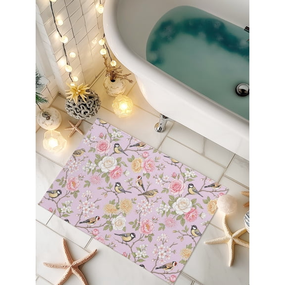 Doormat Spring Flowers Bird Front Door Mat Non Slip Absorbent Low Profile Floor Mat Pink Floral Branches Welcome Mats Entryway Rug for Entrance Kitchen Porch Indoor Outdoor Home Decor 16"x24"