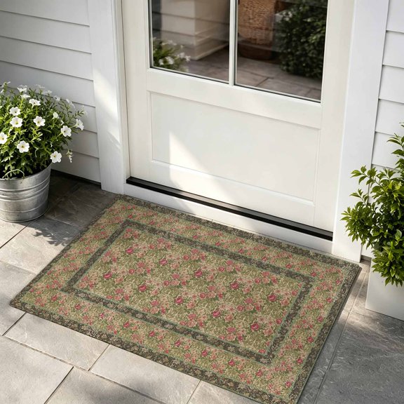 Doormat Spring Flowers Front Door Mat Non Slip Absorbent Low Profile Floor Mat Brown Retro Floral Bird Welcome Mats Entryway Rug for Entrance Kitchen Porch Indoor Outdoor Home Decor 24"x36"