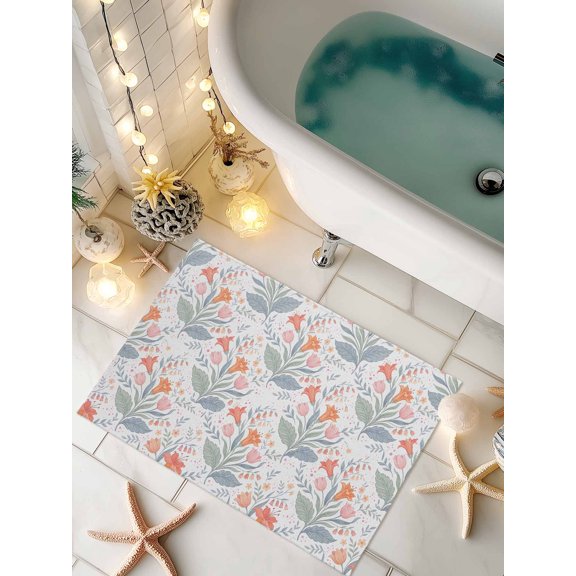 Doormat Spring Flowers Front Door Mat Non Slip Absorbent Low Profile Floor Mat Pink Orange Wildflower Leaves Welcome Mats Entryway Rug for Entrance Kitchen Porch Indoor Outdoor Home Decor 16"x24"