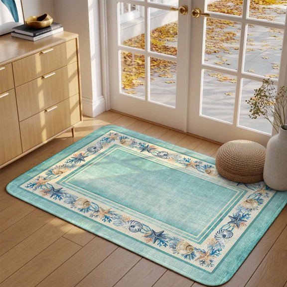 Doormat Starfish Shell Frame Front Door Mat Entrance Soft Non Slip Absorbent Doormats Aqua Coastal Coral Welcome Floor Mat Rugs for Entryway Porch Bathroom Bedroom Kitchen Indoor Outdoor 16"x24"