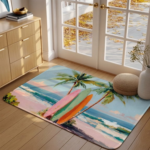 Doormat Summer Beach Front Door Mat Entrance Soft Non Slip Absorbent Doormats Tropical Palm Trees Surfboard Welcome Floor Mat Rugs for Entryway Porch Bathroom Bedroom Kitchen Indoor Outdoor 16"x24"