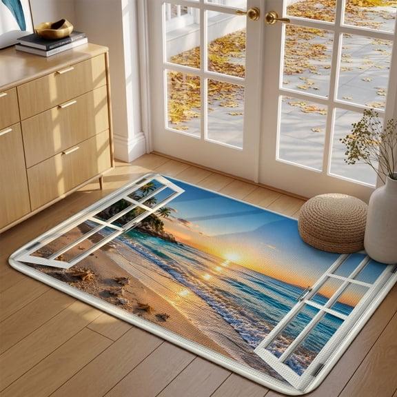 Doormat Summer Beach Sunset Front Door Mat Entrance Soft Non Slip Absorbent Doormats Ocean Window View Welcome Floor Mat Rugs for Entryway Porch Bathroom Bedroom Kitchen Indoor Outdoor 16"x24"