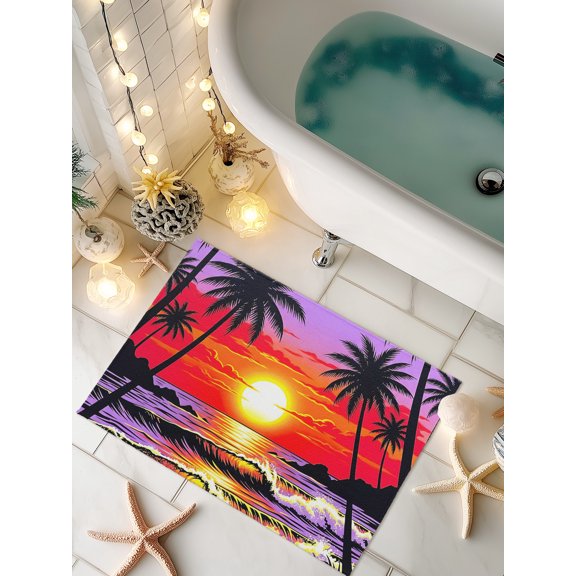 Doormat Summer Beach Sunset Front Door Mat Non Slip Absorbent Low Profile Floor Mat Coastal Tropical Palm Tree Welcome Mats Entryway Rug for Entrance Kitchen Porch Indoor Outdoor Home Decor 16"x24"