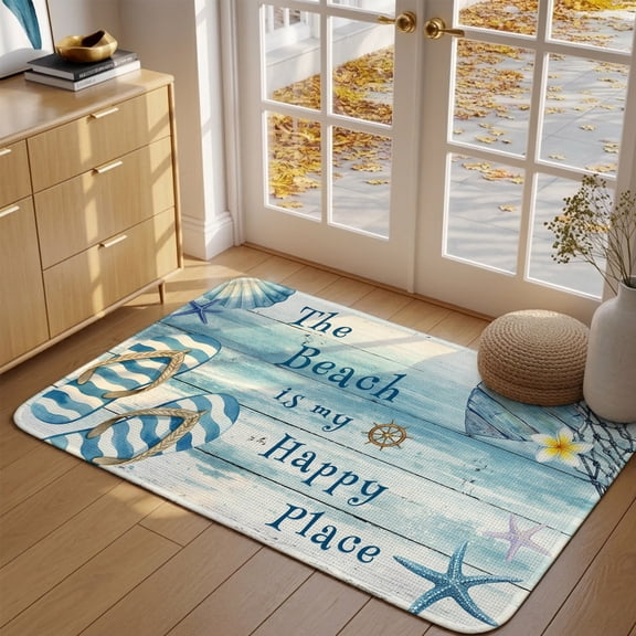 Doormat Summer Flip Flops Front Door Mat Entrance Soft Non Slip Absorbent Doormats The Beach Is My Happy Place Floor Mat Rugs for Entryway Porch Bathroom Bedroom Kitchen Indoor Outdoor 16"x24"
