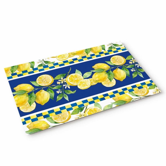 Doormat Summer Lemon Doormats Entrance Door Rug Fruit Yellow Blue Plaid Floor Mat Welcome Front Door Mat for Indoor Outdoor Kitchen Home Decor 18x30 Inch