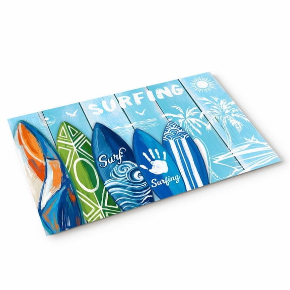 Doormat Summer Surfing Doormats Entrance Door Rug Beach Palm Tree Blue Wood Grain Floor Mat Welcome Front Door Mat for Indoor Outdoor Kitchen Home Decor 18x30 Inch